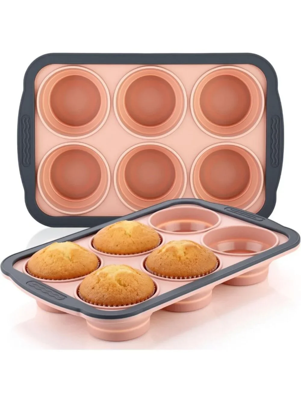 2 Pack Nonstick Silicone Muffin Pans - Collapsible 6 Cup Baking Tray, Oven Safe